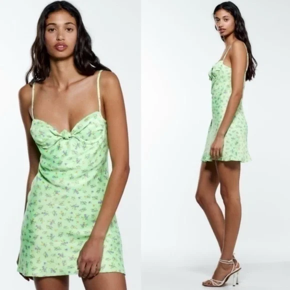 NWT Zara satin affect mini dress in lime green mini floral